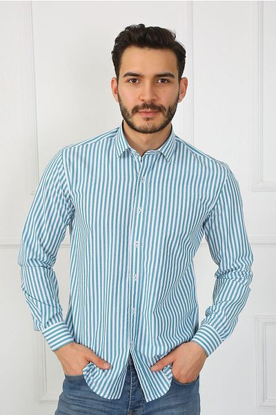 SAMSA Ανδρικό πουκάμισο από βαμβακερό ριγέ Slim Fit Easy-Iron