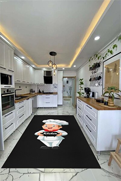EY HOME Kitchen Yazılı Aşçı Motifli Kaymaz Taban Yıkanabilir Yolluk Mutfak Ha...