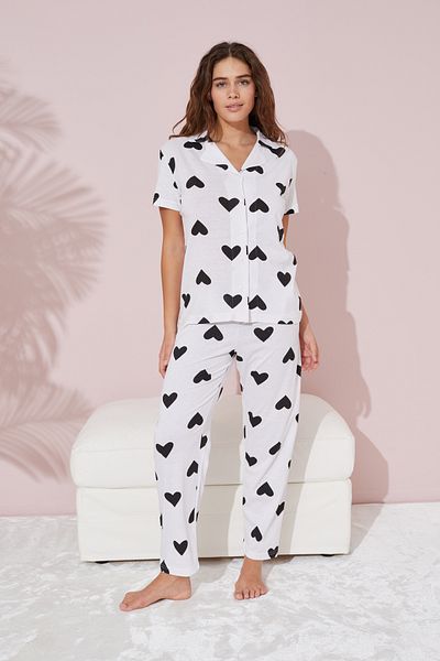 Siyah İnci Heart Patterned White Black Knitted Cotton Pajamas Set