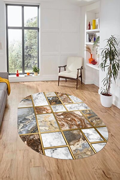 EY HOME سجادة أنيقة بتصميم رخامي رقمي مضاد للانزلاق قابلة للغسل بيضاوية الشكل...