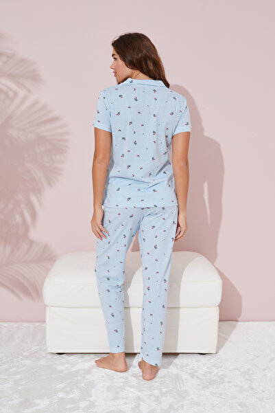 Siyah İnci Σετ Πλεκτές Πυτζάμες με Μπλε Ρίγες και Λουλούδια