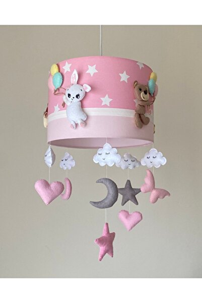 atölye ay ışığı Pembe Yıldızlı Karışık Hayvan Figürlü Kız Bebek Çocuk Odası Avize