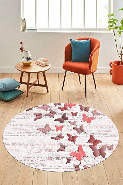 EY HOME Baskılı Kaymaz Yıkanabilir Kelebek Desen Yuvarlak Mutfak Salon Halısı...