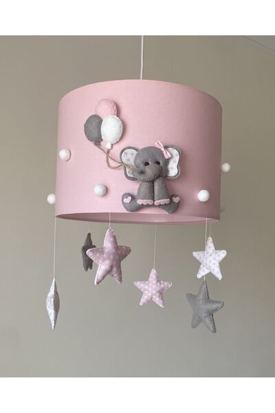 Genel Markalar Gri Fil Figürlü Beyaz Ponpon Detaylı Pembe Kız Bebek/Çocuk Odası Aydınlatma Avize