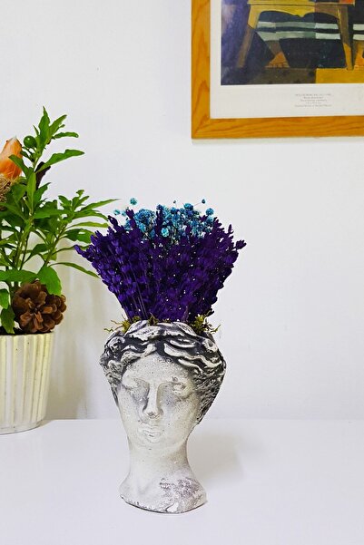 çiçekseli Lavanta Ve Cipso Tasarımı Helen Beton Saksıda Heykel Saksı Vazo Biblo Kuru Çiçek 16-18 Cm