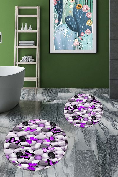 EY HOME Set de scaune de toaletă rotundă pentru baie, lavabil digital 3D, cu model de fluture, YKLZT-44-PURPLE,