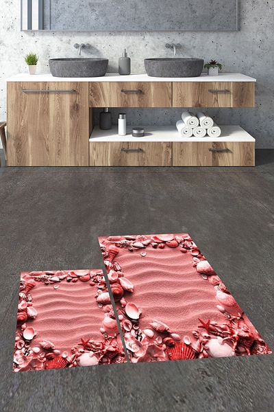 EY HOME Set de scaune de toaletă pentru covor de baie dublu, lavabil digital 3D, model modern, KLZT-47-RED,