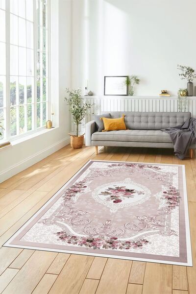 EY HOME Çiçekli Klasik Desen Dijital Kaymaz Taban Yıkanabilir Yolluk Mutfak S...