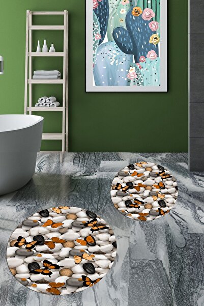 EY HOME Στρογγυλό σετ τουαλέτας με διπλό χαλάκι μπάνιου με αντιολισθητικό μοτίβο πεταλούδας 3D