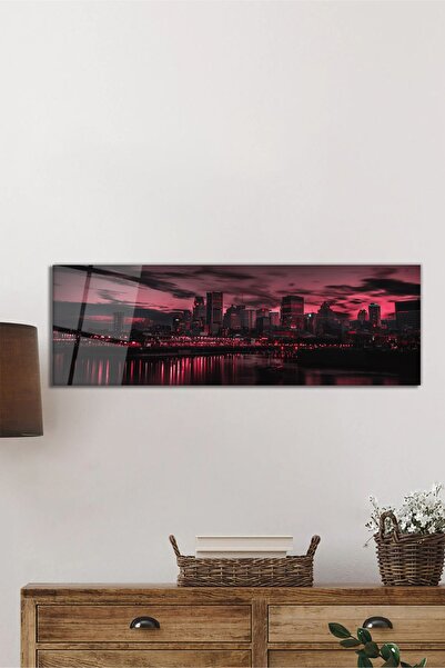 Rosyvien Işıklı Şehir Manzarası Panoramik Cam Tablo, Modern ve Şık Ev Ofis Duvar Dekoru, Hediyelik Temperli
