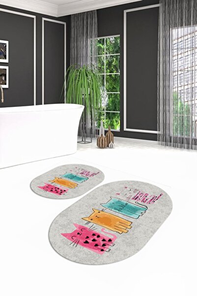 Alkilim Dijital Kaymaz Yıkanabilir Kedi Desen Oval Banyo Takımı Klozet Takımı...