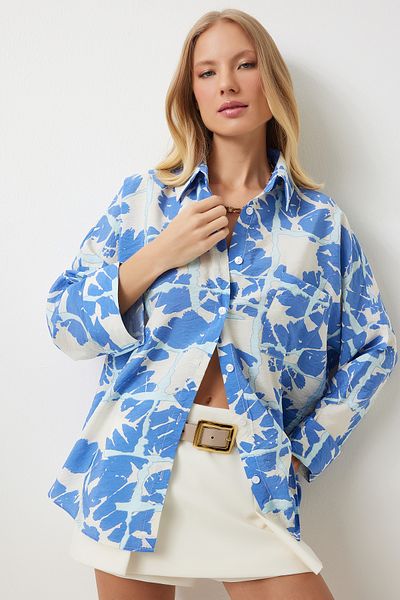 Happiness İstanbul Cămașă oversize din viscoză cu model albastru - Ayrobin OH00056