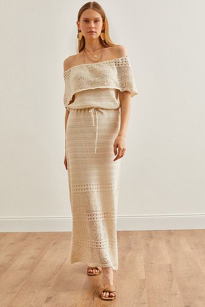 Olalook Ecru Carmen Collar Openwork Waist Gathered Knitwear Women's Dress - ELB-19002180