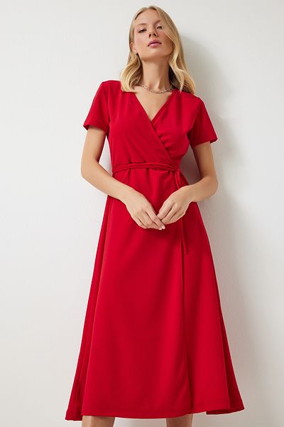 Happiness İstanbul Rotes Midi-Strickkleid mit V-Ausschnitt - Wraped TO00134