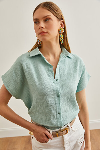 Olalook Green Basic Muslin Women's Shirt - Bat Sleeve GML-19001215