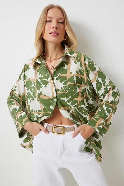 Happiness İstanbul Green Patterned Viscose Oversize Women's Shirt - Ayrobin OH00056