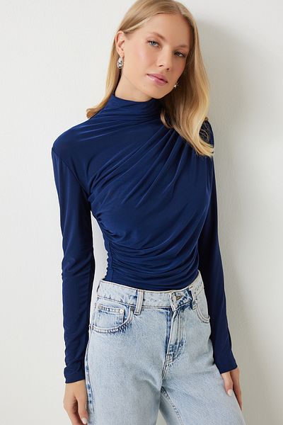Happiness İstanbul Kobaltblaue Sandy-Bluse – Stehkragen und gerafftes Detail FF00135