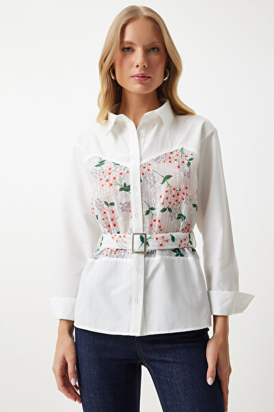 Happiness İstanbul Dámská košile Ecru - růžová květinová výšivka, tkaná TP00045