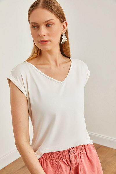 Olalook Damen-Bluse aus gestrickter Viskose mit V-Ausschnitt und weißen silbernen Nähten BLZ- 19002659