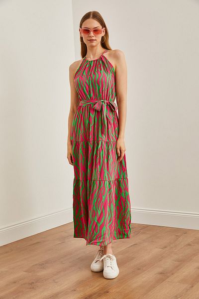 Olalook Zebra Fuchsia Grün Viskose Neckholder Kleid - Gürtel, ELB-19001548