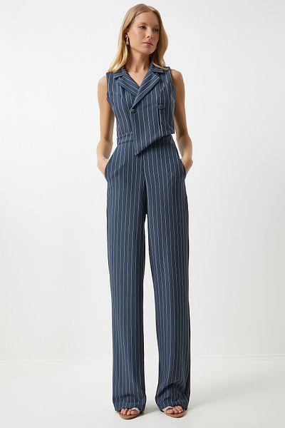 Happiness İstanbul Grauer Damen-Overall aus Lycra mit Nadelstreifen und zweireihigem Kragen - TO00142