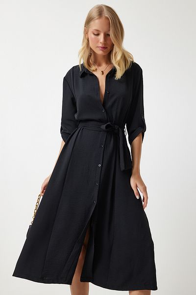 Happiness İstanbul Schwarzes Damen-Hemdkleid mit Gürtel DD01256