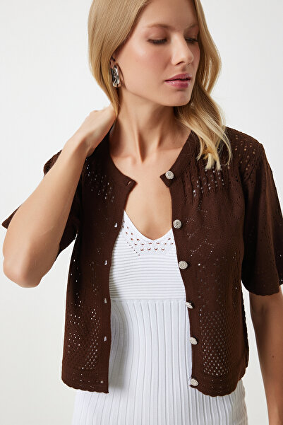 Happiness İstanbul Braune Strickjacke mit durchbrochenem Muster - OW00045