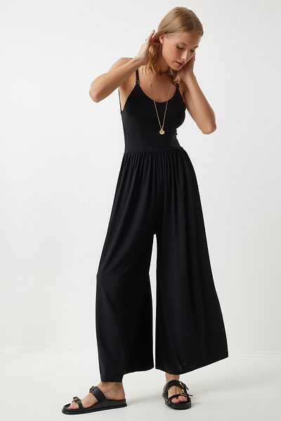 Happiness İstanbul Letní overal Black Strappy - Široká noha DD01328