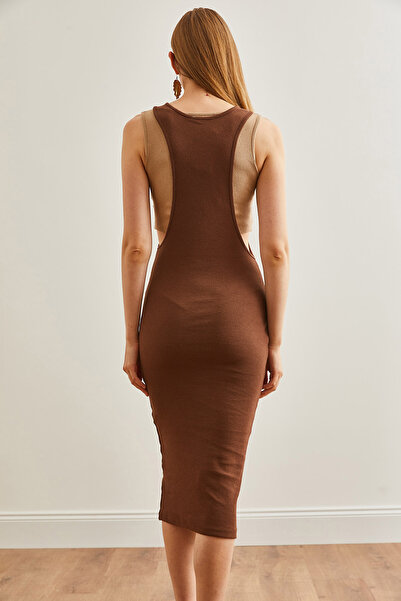 Olalook Kadın Acı Kahve Crop Bluz Yanı Açık Elbise 2 Li Takım ELB-19002175