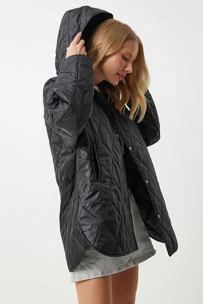 Happiness İstanbul Schwarzer, gesteppter Oversize-Mantel mit Kapuze für Damen FN02905