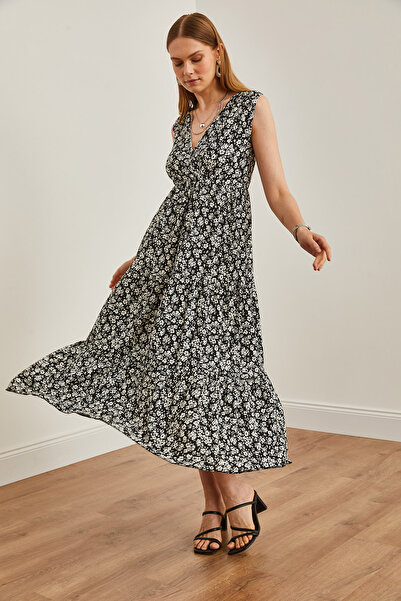 Olalook Daisy Patterned Black Maxi Knitted Dress - Double Breasted Collar, ELB-19002125