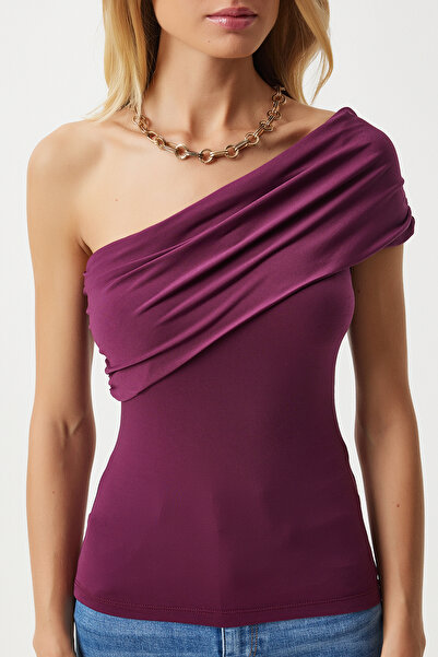 Happiness İstanbul Bluză tricotată de culoare prune cu un singur umăr - DZ00112