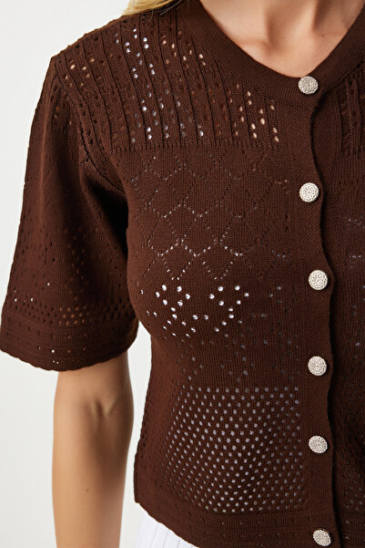 Happiness İstanbul Braune Strickjacke mit durchbrochenem Muster - OW00045