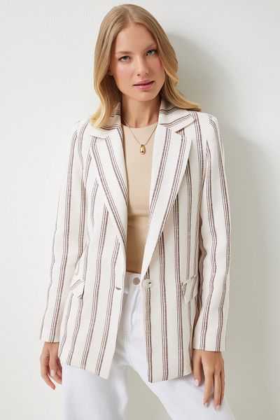 Happiness İstanbul Braune Blazerjacke aus Leinenmischung – Knochenfarben gestreift und wattiert GP00006