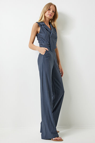 Happiness İstanbul Dámská kombinéza s šedým proužkem Lycra s dvojitým límcem - TO00142