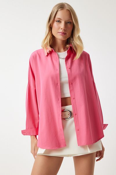 Happiness İstanbul Pink Oversize Women's Shirt - Long Basic Model MX00167