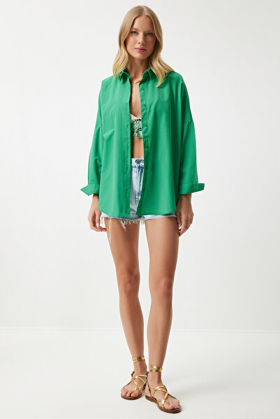 Happiness İstanbul Zöld Oversize női ing - hosszú alapmodell MX00167