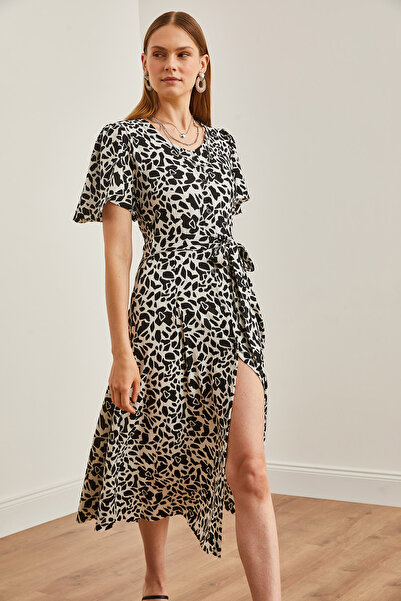 Olalook Černé pletené šaty s výstřihem do V – se vzorem a zapínáním na knoflíky ELB-19002048