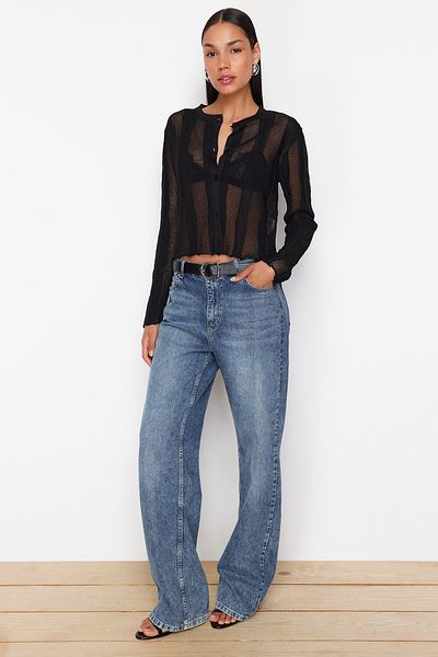 Trendyol Collection Чорний напівпрозорий светр-кардиган преміум якості TWOSS24HI00020