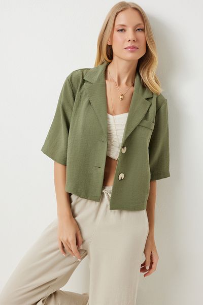 Happiness İstanbul Khaki Linen Ayrobin Shirt Jacket - Shawl Collar, Seasonal DD01327