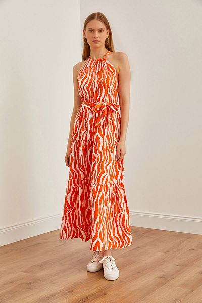 Olalook Zebra mintás narancssárga és fehér viszkon nyakú ruha - öves, ELB-19001548