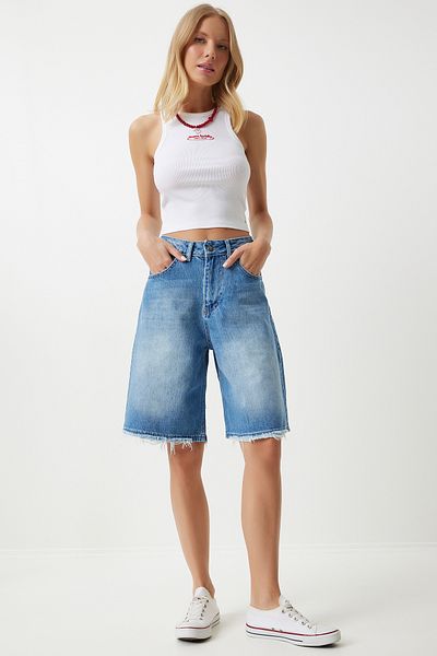 Happiness İstanbul Dámské bermudy Baggy Cut Blue Denim - HE00003