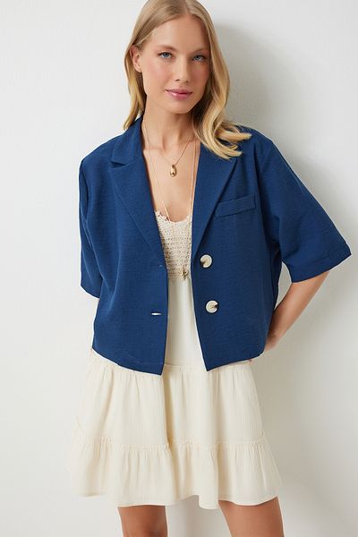 Happiness İstanbul Indigo Blue Linen Shirt Jacket - Shawl Collar, Seasonal DD01327