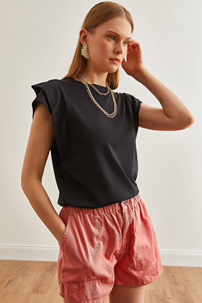 Olalook Γυναικείο μαύρο βαμβακερό μπλουζάκι - Λεπτομερές μανίκι TSH-19000819