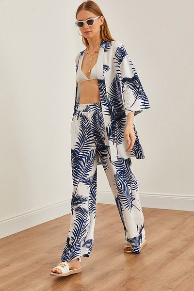 Olalook Set kimono și pantaloni Palazzo alb bleumarin - TKM-19000293
