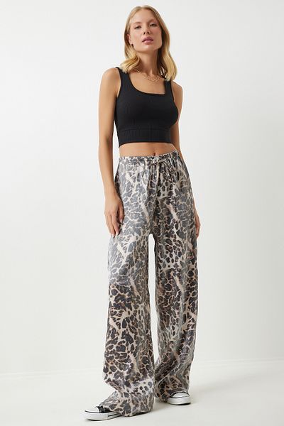 Happiness İstanbul Black Beige Leopard Patterned Women's Palazzo Trousers - PB00028