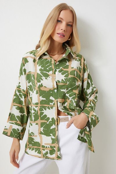 Happiness İstanbul Green Patterned Viscose Oversize Women's Shirt - Ayrobin OH00056