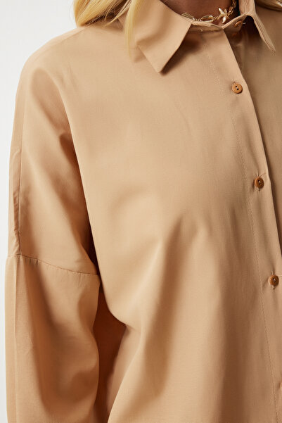 Happiness İstanbul Dámská oversize dlouhá košile velbloudí barvy - MX00167