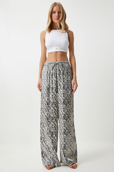 Happiness İstanbul Gray Cream Leopard Patterned Women's Palazzo Trousers - PB00028