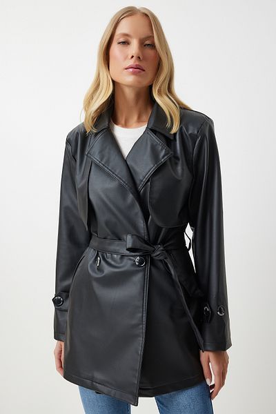 Happiness İstanbul Schwarzer Damen-Trenchcoat aus Kunstleder mit zweireihigem Kragen und kurzem Schnitt RV00156